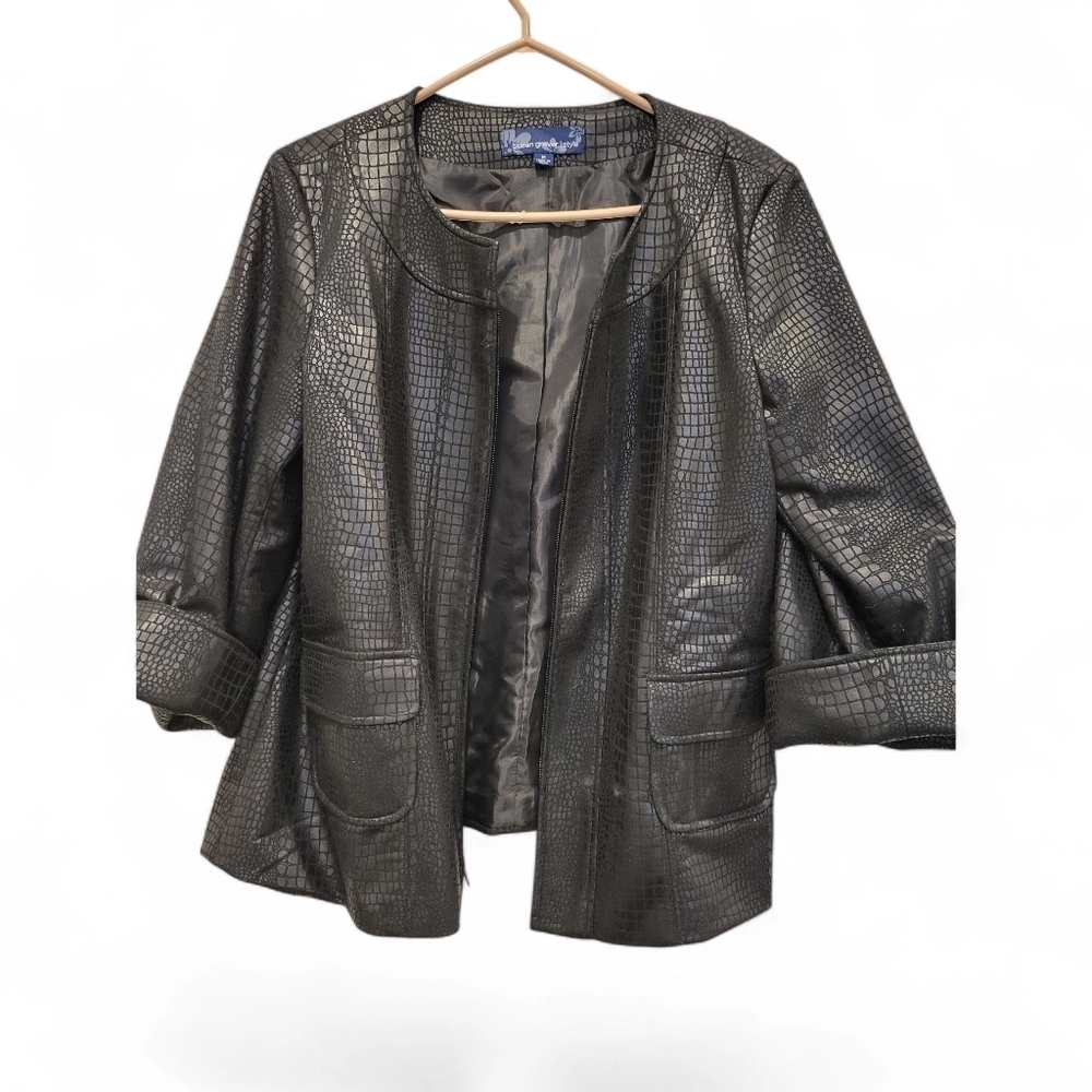 Susan Graver Womans Zipper Front Casual Lined Jacket Black On Black Print MED - Picture 2 of 8